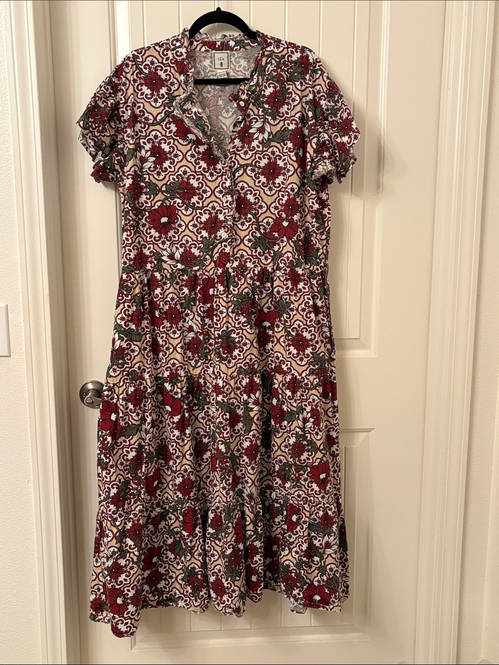 T.J.Maxx Lea Short Sleeve Ruffle Collar Maxi Dress